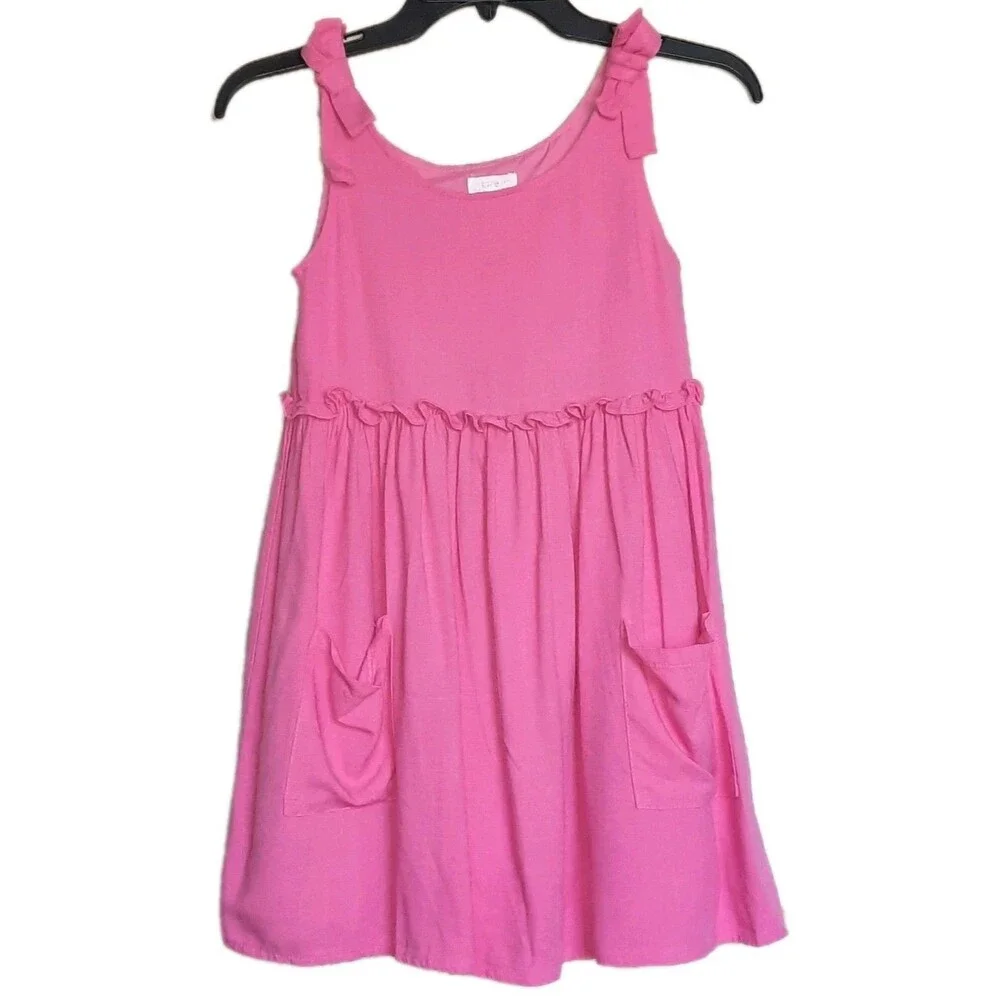 Btween Girls Neon Pink Sleeveless Sun Dress Ruffle Pocket Tie Shoulder Summer 10